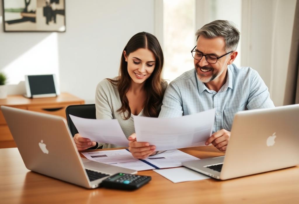 Casal analisando a própria vida financeira com documentos e computador