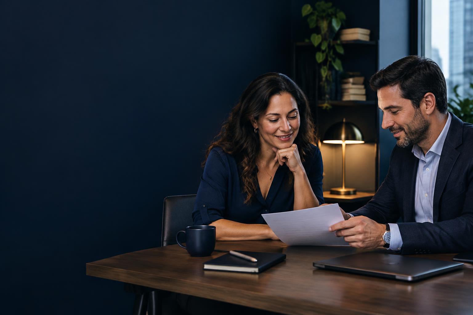 Cliente e consultor analisando juntos um plano financeiro